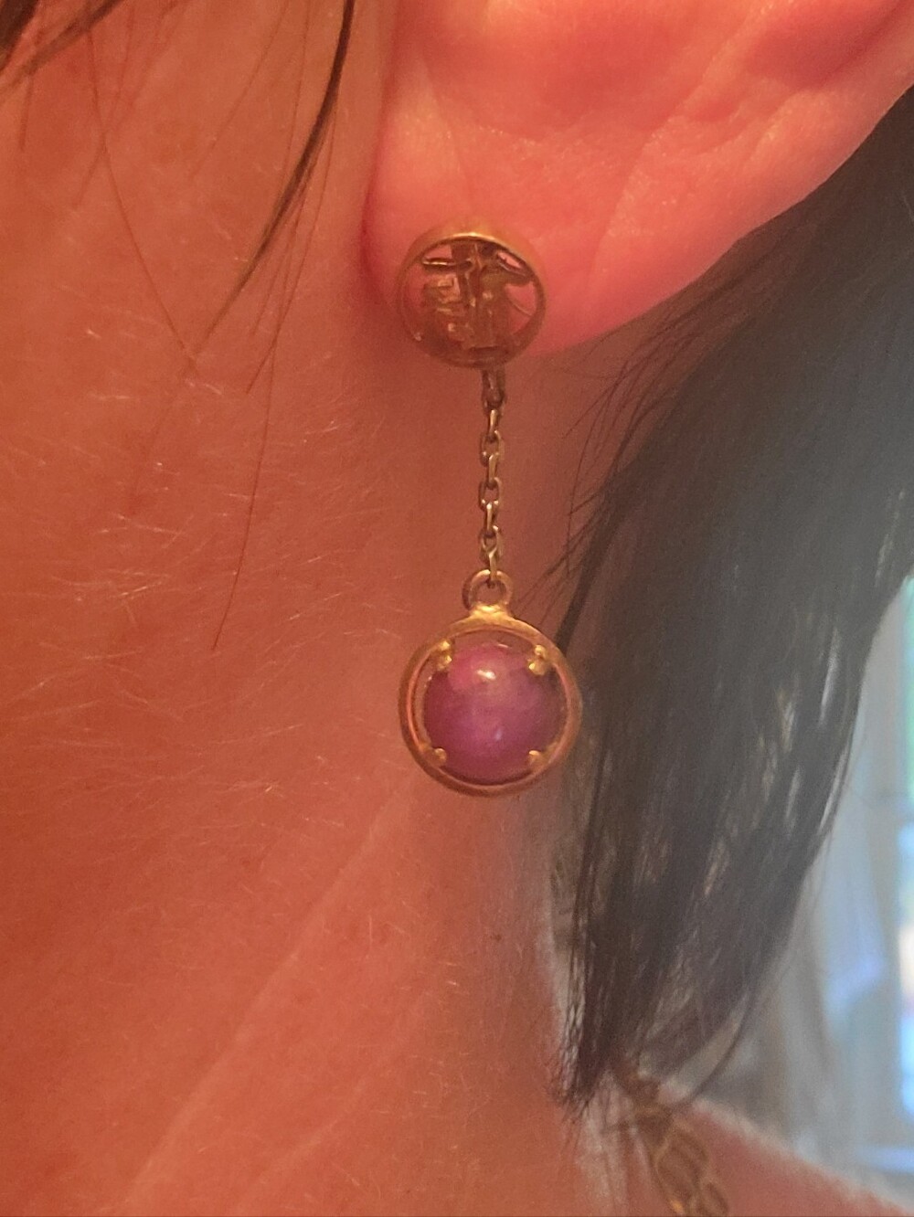 Vintage Star Ruby Drop Earrings/ 14 K Gold
